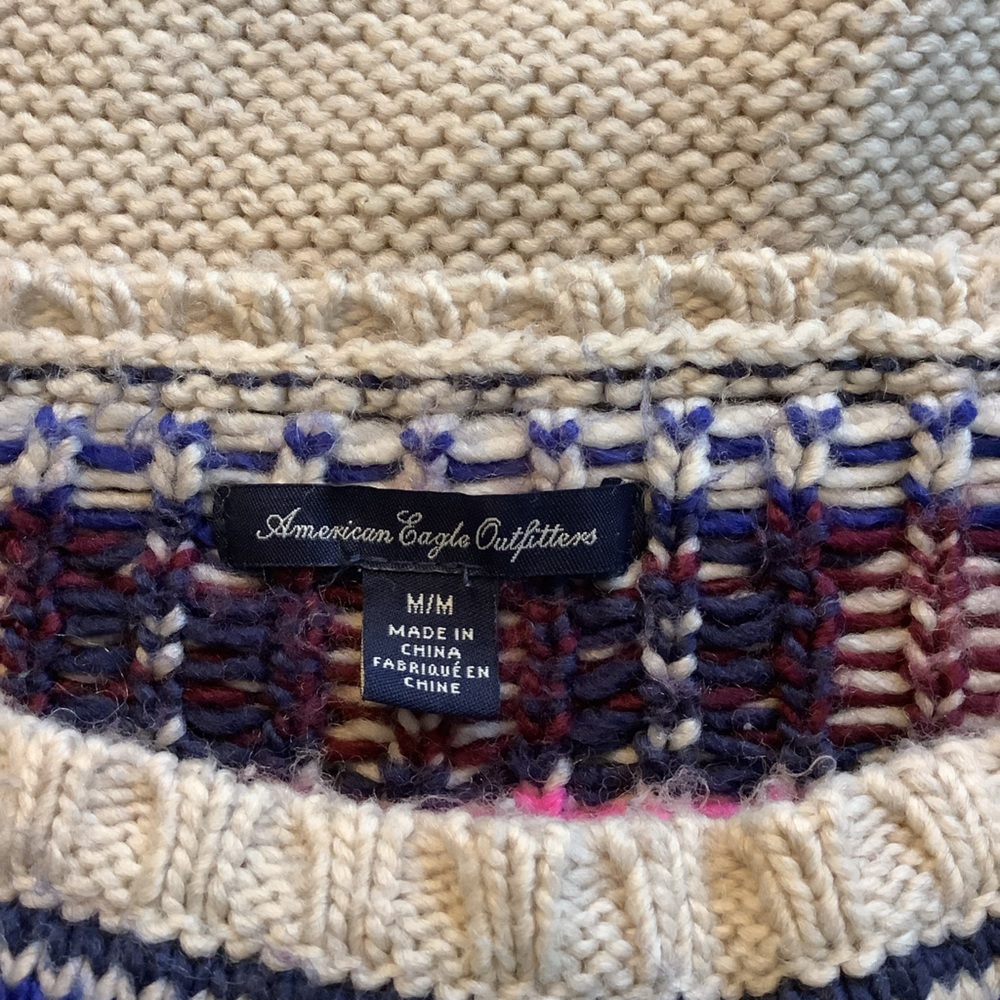 American Eagle Fair Isle Sweater Cream Multicolour Pullover Knit Size M - Picture 8 of 9